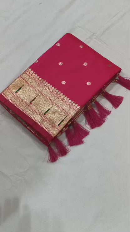 Pure Banarasi Paithani Pallu Saree with All Over Butti Design & Meena Weaving Work, Premium Designer Silk Saree with Full Weaving Blouse