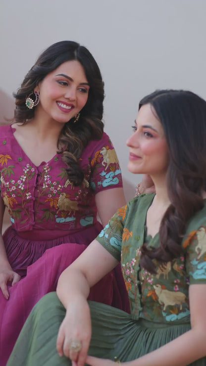 Women’s Silver Crunchy Fabric Designer Gown with Embroidered Koti