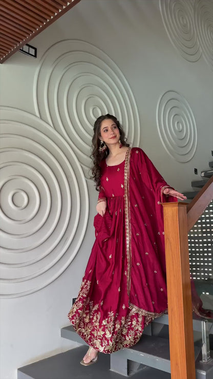 Women’s Chinnon Embroidered Anarkali Gown with Dupatta