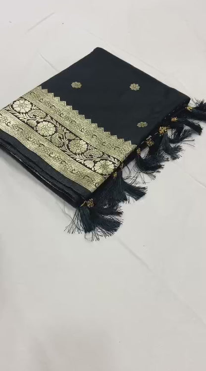 Pure Banarasi Silk Saree with Zari Weaving Butti Design & Rich Pallu, Soft Banarasi Saree with Full Weaving Blouse, Traditional Wedding & Festive Wear