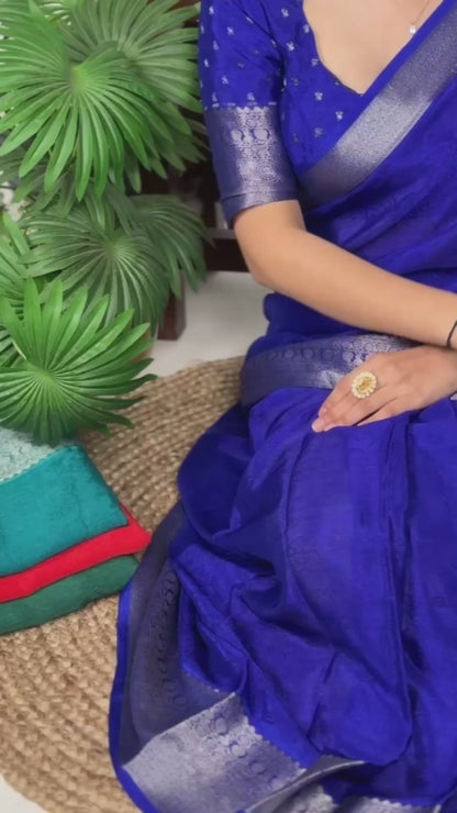 Chinon Self Printed Saree with Zari Weaving Work & Unstitched Blouse