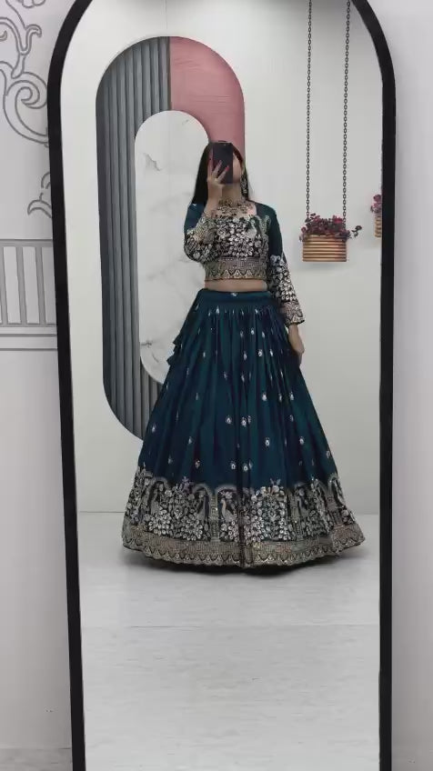 Women’s Vichitra Silk Heavy Embroidered Lehenga Choli Set with Dupatta