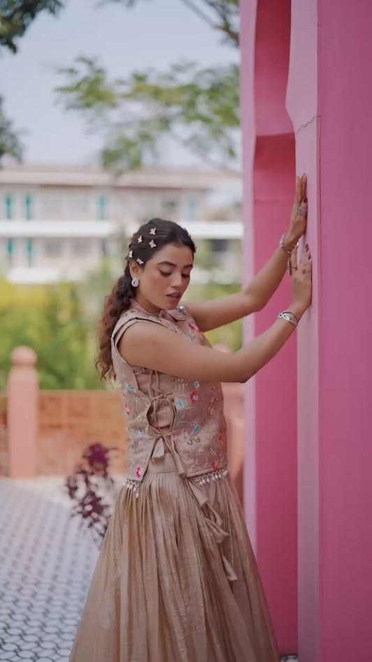 Women’s Gold Crush Embroidered Lehenga Choli with Designer Shrug – Fully Stitched Wedding Wear