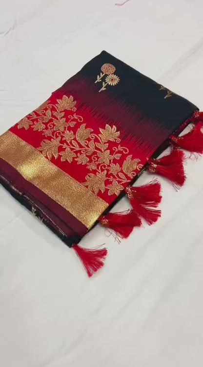 Pure Banarasi Silk Saree with Zari & Meena Work Rich Pallu, All Over Butti Design with Heavy Contrast Border, Soft Traditional Wedding Saree with Contrast Weaving Blouse