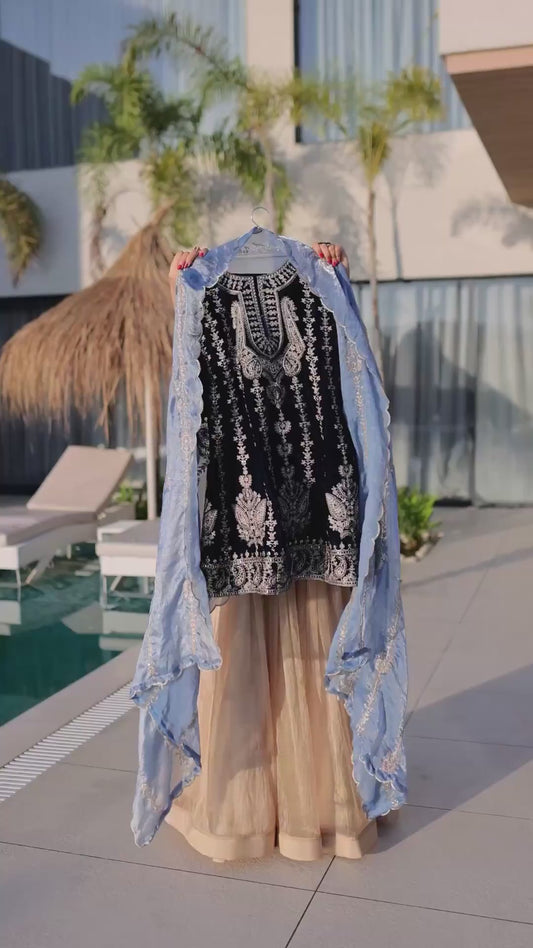 Women’s 9000 Velvet Zari Embroidered Kurta Pant Set with Dupatta