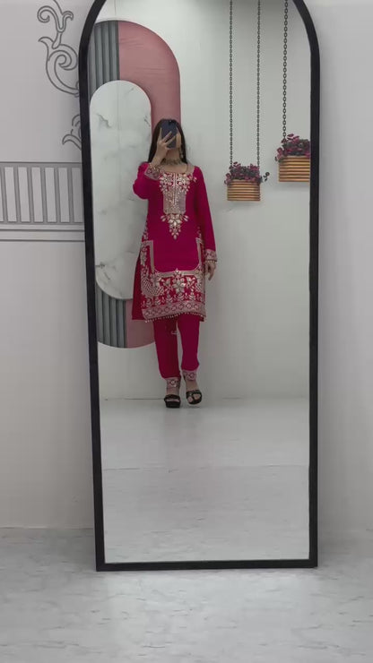 Chinon Embroidered Top Pant Set with Dupatta