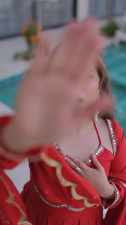 Women’s Mul Chanderi Mirror Lace Anarkali Kurti Pant Set with Dupatta