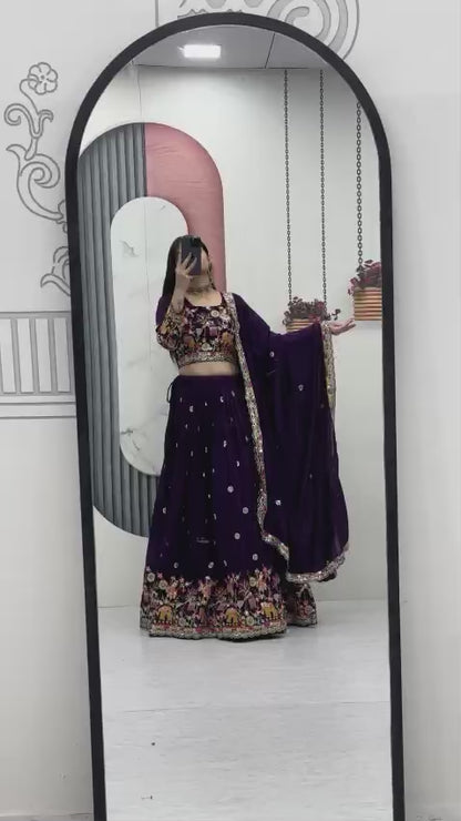Chinon Lehenga Choli Set with Embroidery Coding Thread Work