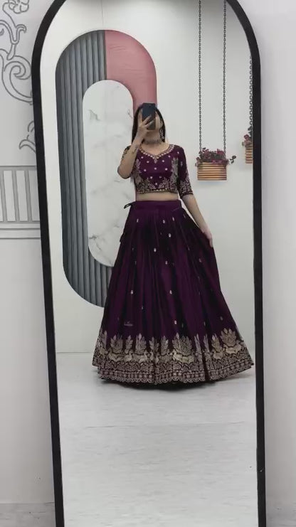 Women’s Vichitra Silk Lehenga Choli Set with Heavy Embroidery Thread & Sequins Work