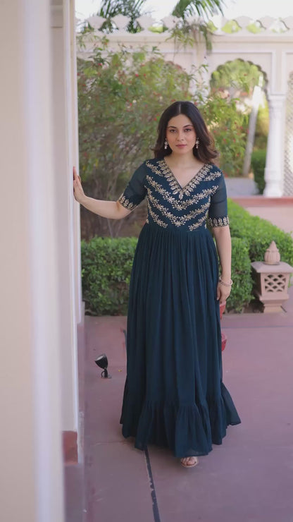 Women’s Faux Blooming Sequins Multithread Beads Embroidered Gown