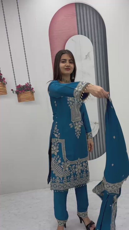 Chinon Embroidered Top Pant Set with Dupatta