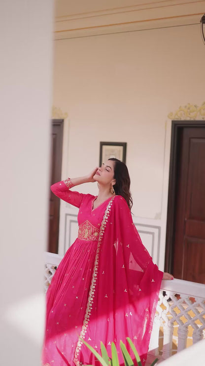 Women’s Digital Printed Russian Silk Embroidered Anarkali Gown with Dupatta