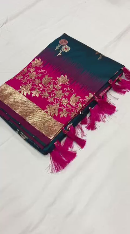Pure Banarasi Silk Saree with Zari & Meena Work Rich Pallu, All Over Butti Design with Heavy Contrast Border, Soft Traditional Wedding Saree with Contrast Weaving Blouse