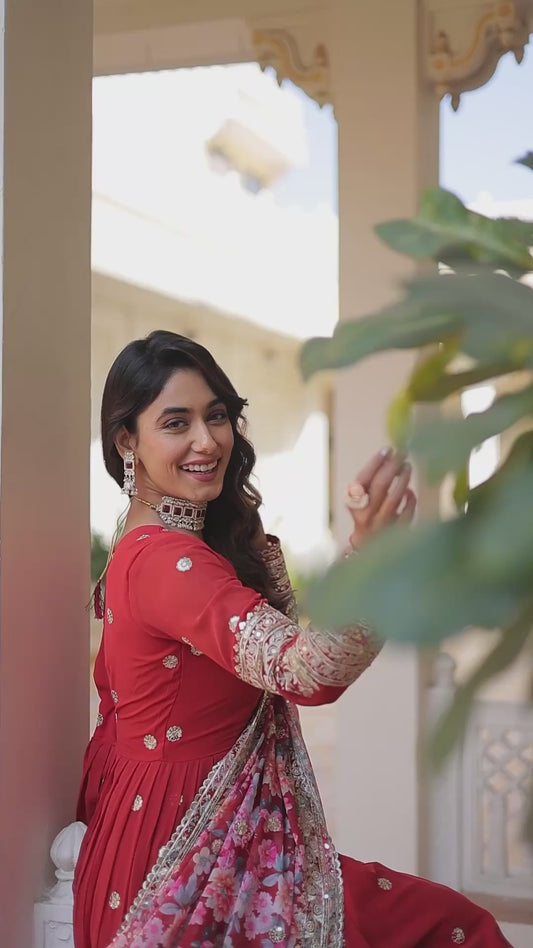 Women’s Faux Georgette Embroidered Zari Sequins Gown with Tabby Silk Dupatta