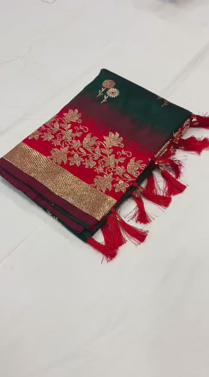 Pure Banarasi Silk Saree with Zari & Meena Work Rich Pallu, All Over Butti Design with Heavy Contrast Border, Soft Traditional Wedding Saree with Contrast Weaving Blouse