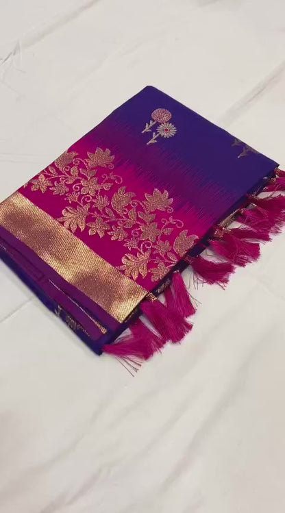 Pure Banarasi Silk Saree with Zari & Meena Work Rich Pallu, All Over Butti Design with Heavy Contrast Border, Soft Traditional Wedding Saree with Contrast Weaving Blouse