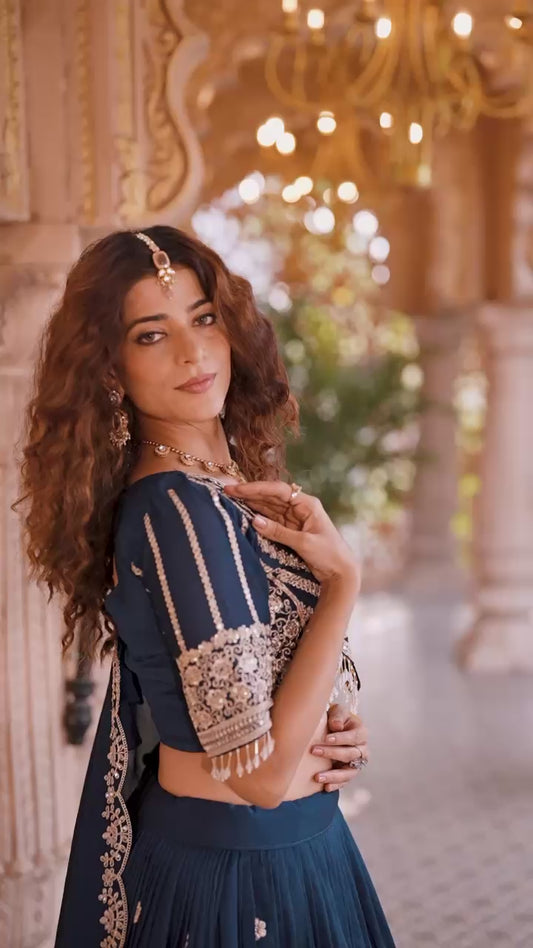 Women’s Pure Vichitra Cording Sequins Embroidered Lehenga Choli Set with Dupatta