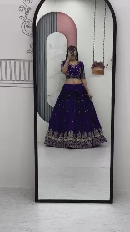 Women’s Vichitra Silk Lehenga Choli Set with Heavy Embroidery Thread & Sequins Work