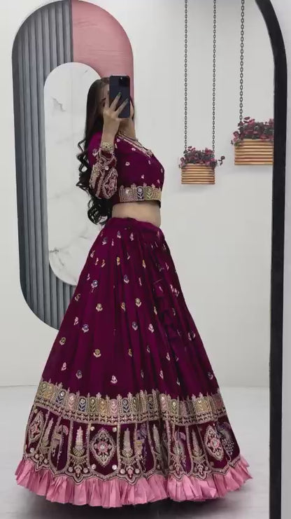 Pure Vichitra Lehenga Choli Set with Heavy Embroidery Coding Sequence & Thread Work, 3.5m Flared Lehenga with Cancan, Fully Stitched Bridal & Festive Wear (M to 2XL)