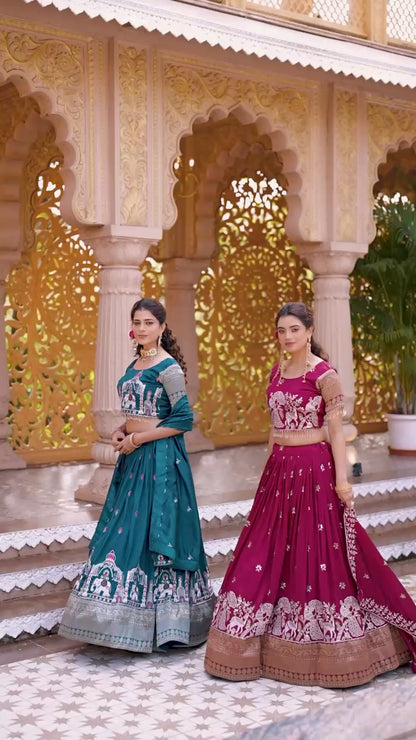 Women’s Pure Vichitra Silk Heavy Sequins & Thread Embroidered Lehenga Choli Set with Dupatta