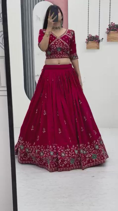 Women’s Pure Blooming Vichitra Silk Lehenga Choli Set with Heavy Embroidery Thread & Pipe Work