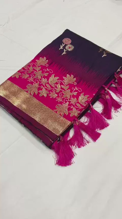 Pure Banarasi Silk Saree with Zari & Meena Work Rich Pallu, All Over Butti Design with Heavy Contrast Border, Soft Traditional Wedding Saree with Contrast Weaving Blouse