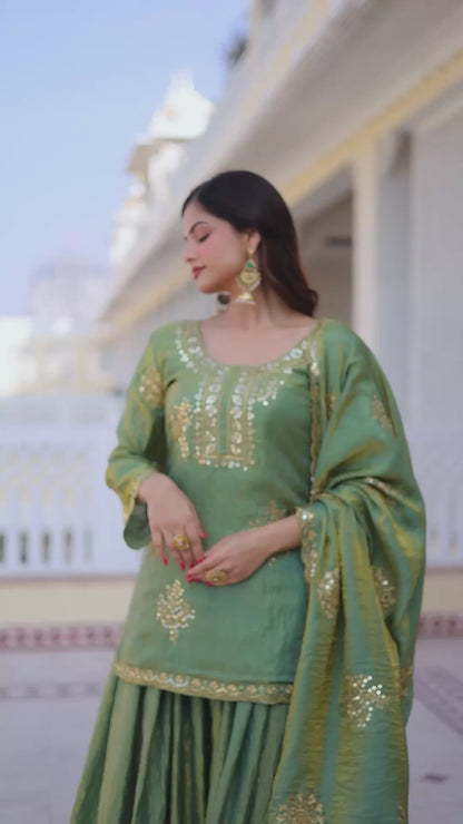 Women’s Fendi Crush Zari Sequins Embroidered Kurti Sharara Set with Dupatta