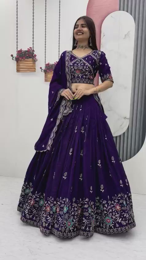 Women’s Pure Blooming Vichitra Silk Lehenga Choli Set with Heavy Embroidery Thread & Pipe Work