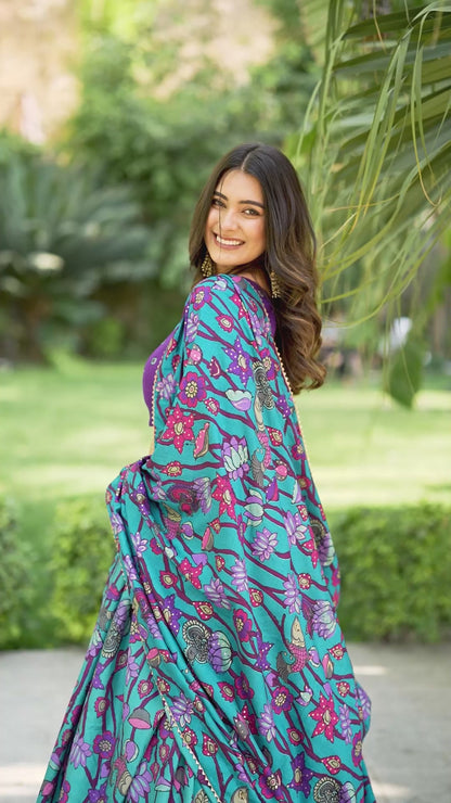 Tasar Silk Kalamkari Print Lehenga Choli with Foil Border