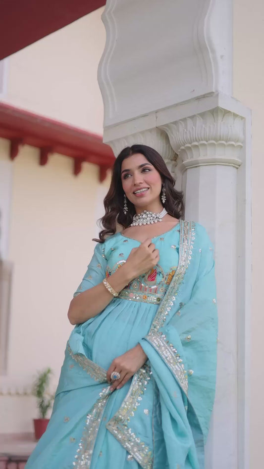 Women’s Gold Crush Multi Thread Embroidery Zari Sequins Lehenga Choli Set with Dupatta