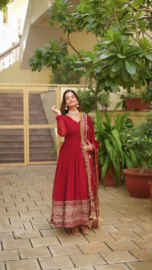 Women’s Faux Blooming Embroidery Zari Sequins Work Gown with Dupatta