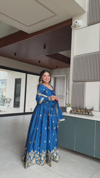 Women’s Chinnon Embroidered Anarkali Gown with Dupatta