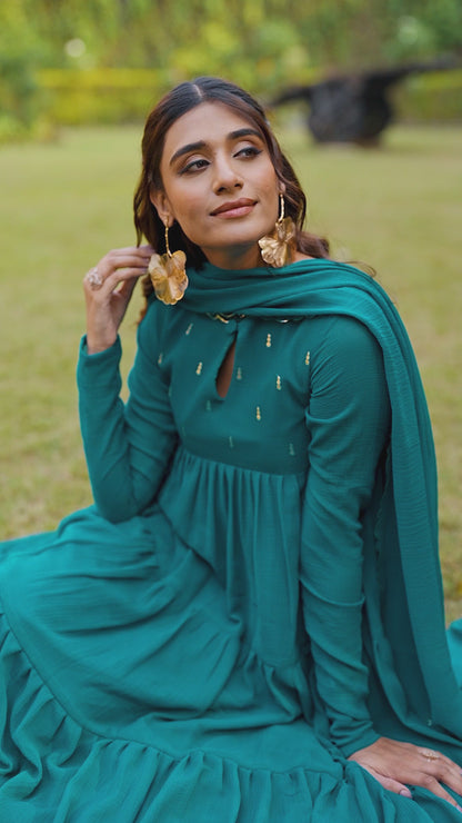 Marbel Foil Work Anarkali Dress Pant Set with Dupatta