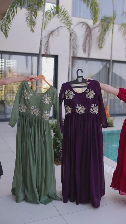 Women’s Silver Crunchy Beads Embroidered Designer Gown