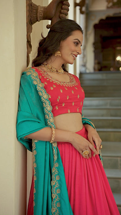 Vichitra Silk Zari Weaving Embroidered Lehenga Set