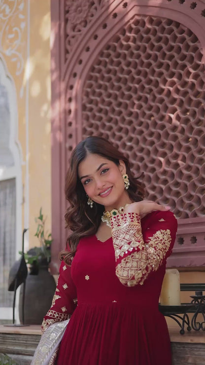 Faux Blooming Embroidered Gown with Faux Georgette Dupatta