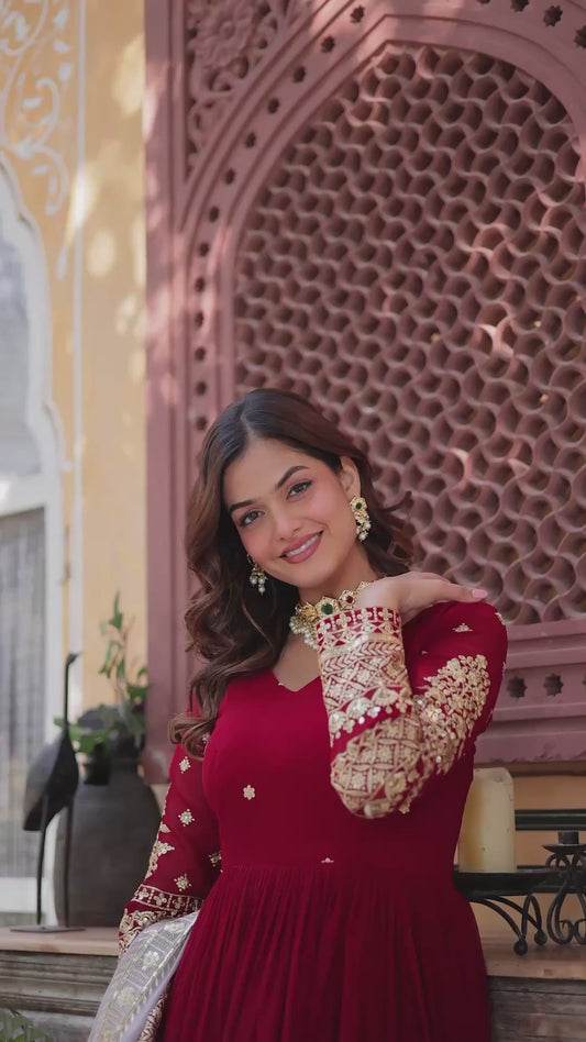 Faux Blooming Embroidered Gown with Faux Georgette Dupatta