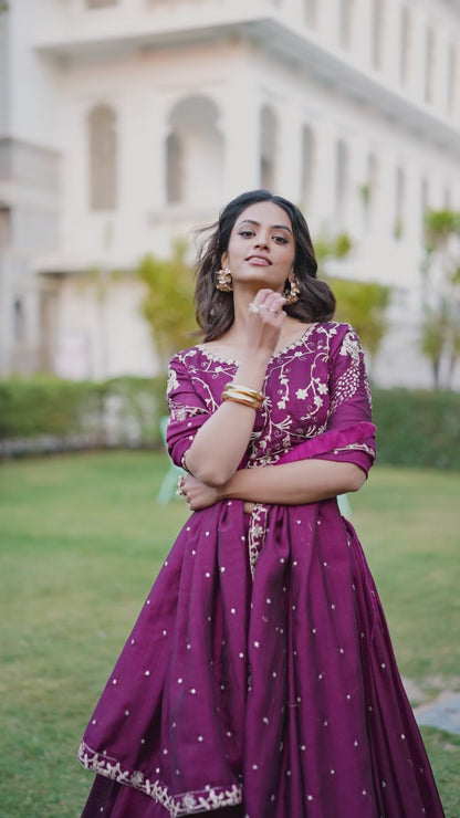 Wine Vichitra Silk Embroidered Lehenga Choli