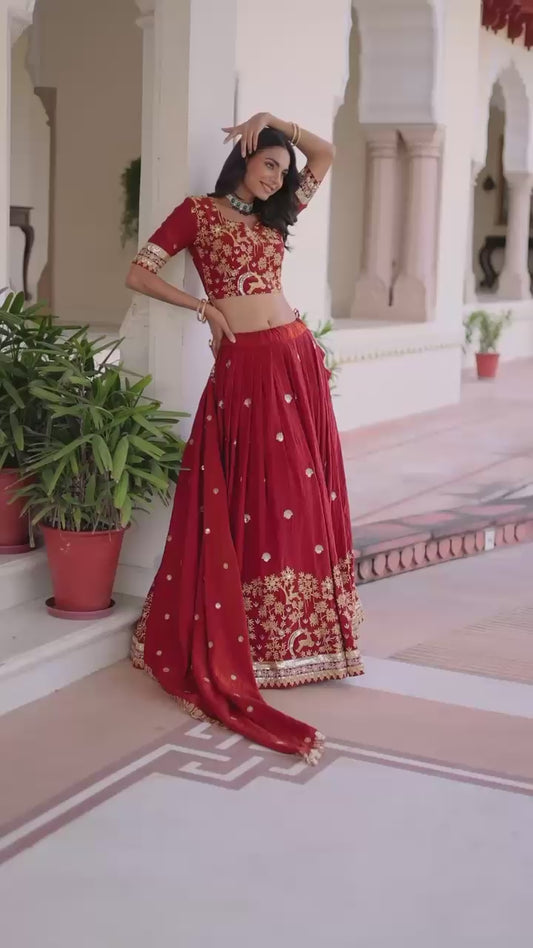 Women’s Vichitra Silk Heavy Sequins & Thread Embroidered Lehenga Choli Set with Dupatta