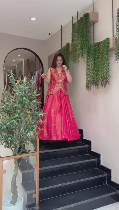 Fully Stitched Pure Simar Lehenga Koti Set with Fox Georgette Shrug Heavy Embroidery Sequence & Thread Work