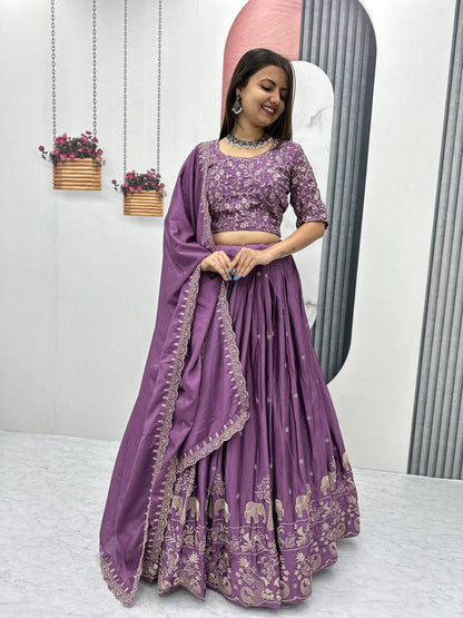 Women’s Chinon Embroidered Lehenga Choli Set with Dupatta