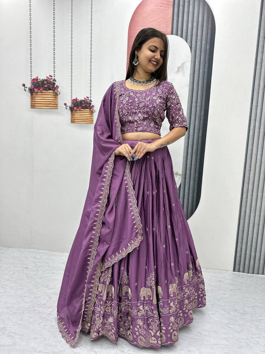 Women’s Chinon Embroidered Lehenga Choli Set with Dupatta