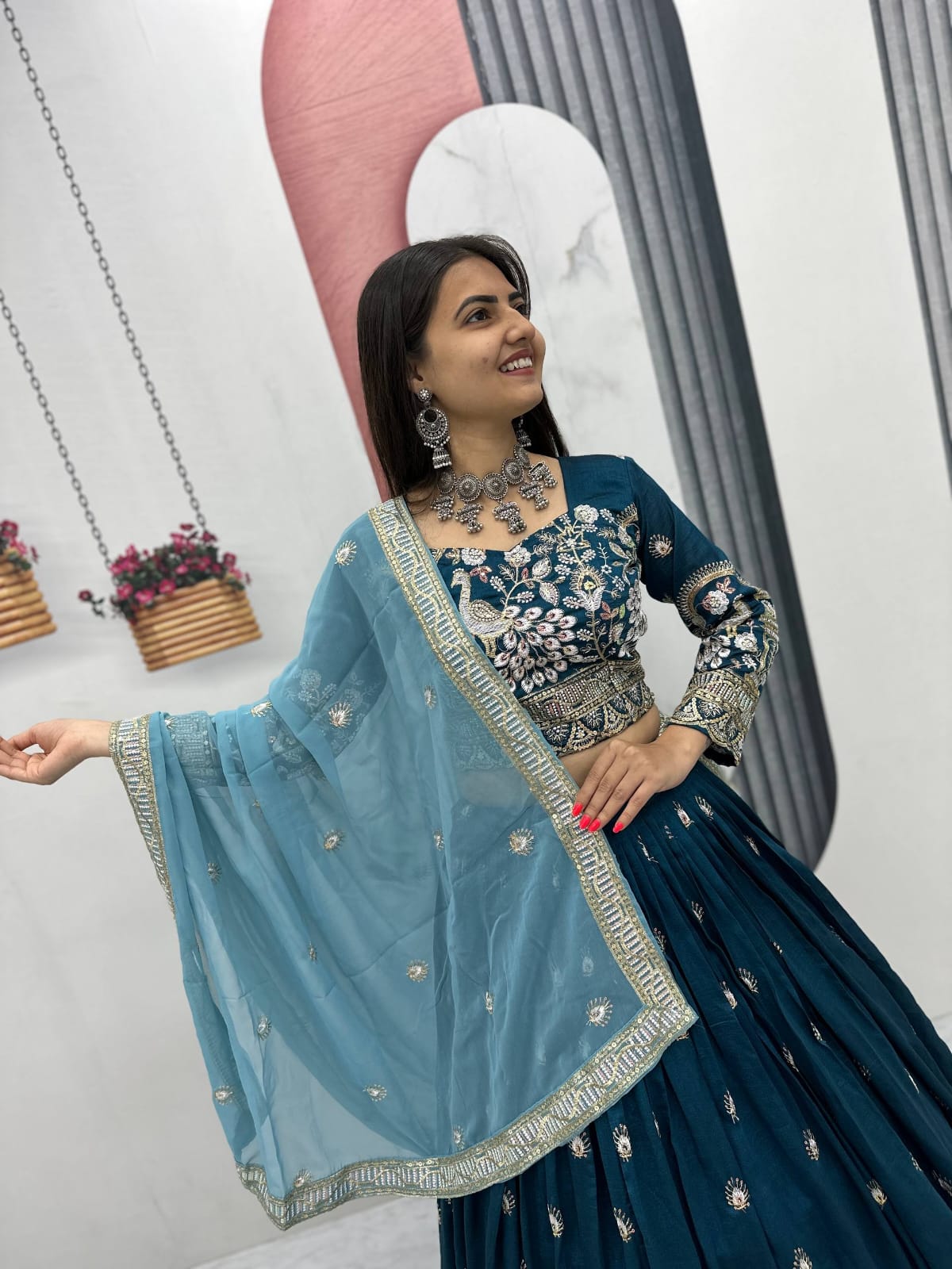Women’s Chinon Embroidered Lehenga Choli Set with Dupatta