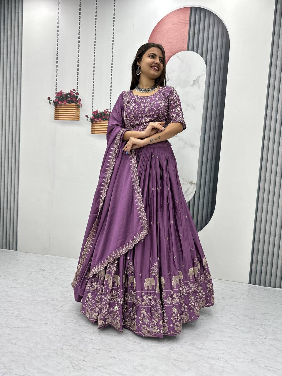 Women’s Chinon Embroidered Lehenga Choli Set with Dupatta