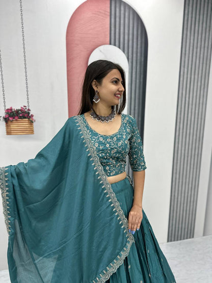Women’s Chinon Embroidered Lehenga Choli Set with Dupatta