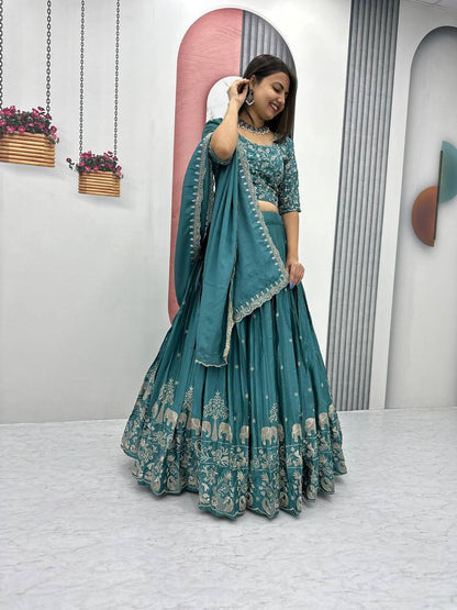 Women’s Chinon Embroidered Lehenga Choli Set with Dupatta