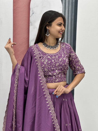 Women’s Chinon Embroidered Lehenga Choli Set with Dupatta