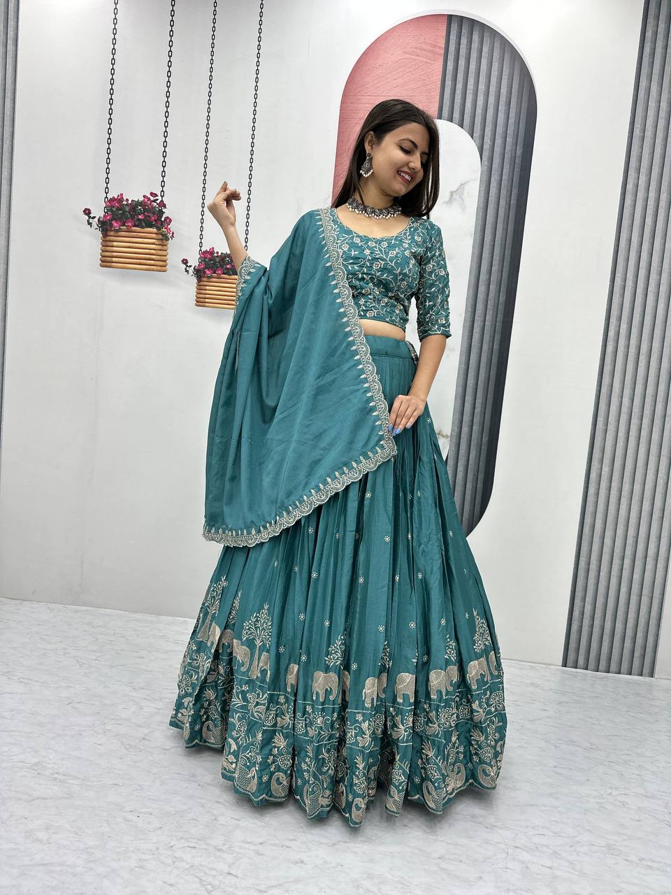 Women’s Chinon Embroidered Lehenga Choli Set with Dupatta