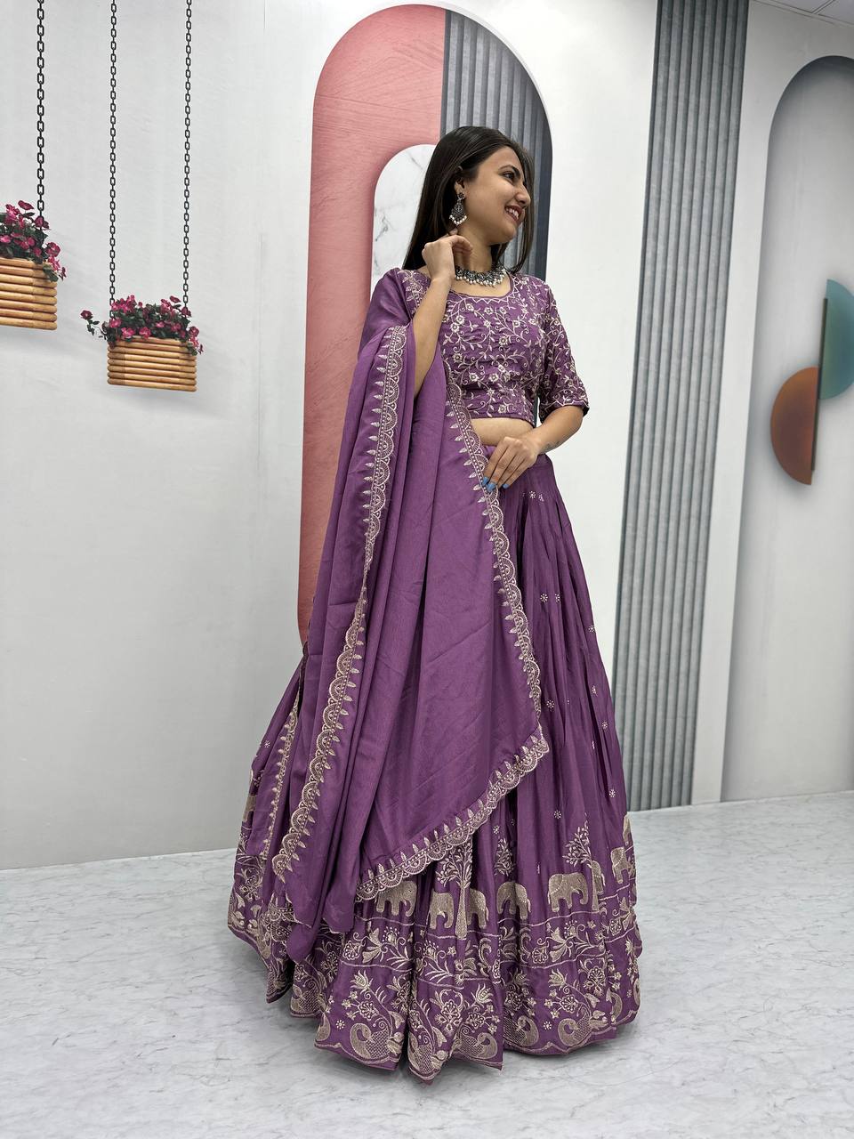 Women’s Chinon Embroidered Lehenga Choli Set with Dupatta