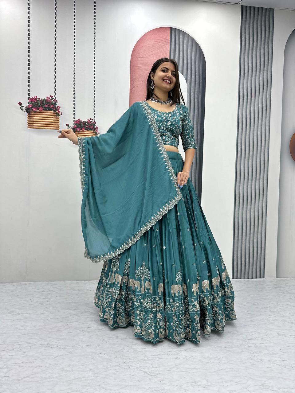 Women’s Chinon Embroidered Lehenga Choli Set with Dupatta
